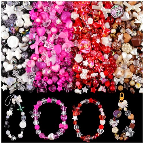 210-270PCS TINKRSTUFF Assorted Acrylic Beads for Bracelet Making, Cute Beads for Jewelry Making Bow Butterfly Candy Heart Gummy Bear Kawaii Aesthetic Bracelet Charms,DIY Necklace Keychain Phone Charm - color: 4 COLOR SERIES-BLACK+BROWN+RED+ROSE PINK