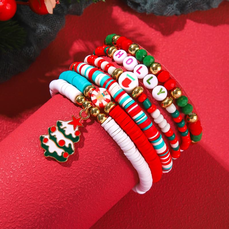 2024 Christmas Rainbow Beads Bracelet Set Colorful Santa Claus Snow Christmas Tree Pendant Bracelet Handmade Polymer Clay Disc Beaded Stackable Stretch Bracelet for Women Xmas Party Jewelry Gift