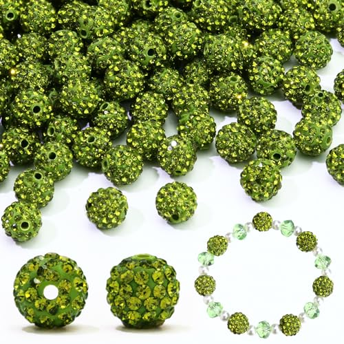 Dowarm 110PCS 10MM Rhinestone Beads for Jewelry Making, Rhinestone Clay Crystal Beads for Crafts Bracelet Baseball Necklace Earring Beaded Pen, Fancy Shamballa Pave Diamond Bead - color: 23-Olivine, size: 10MM