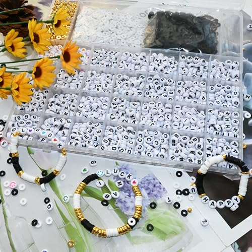 Looconi 3800pcs Beading Kits Letter Beads A-Z Clay Beads Gold Spacer Beads Smiley Beads and Heart Beads for Jewelry Making - color: LetterClayWhiteBlakc