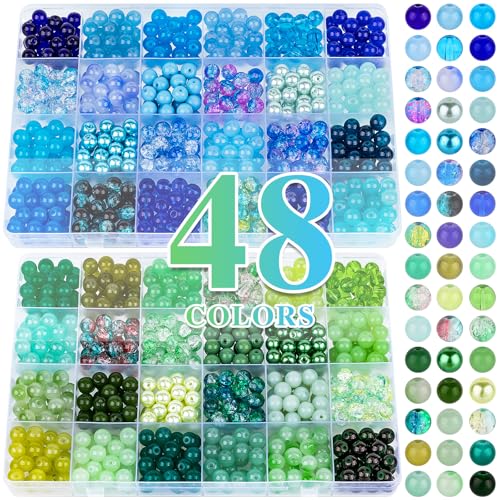XSEINO About 1200PCS 8mm Glass Beads Bracelet Making Kit,48 Assorted Dreamy Blue Ocean and Green Series Colorful Crystal Beads for Making and DIY Crafts - color: 2Box Blue&Green Glass Beads