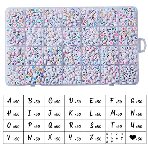 1400pcs Letter Beads, 4x7 mm Acrylic Alphabet Beads, Beads for Jewelry and Bracelet Making, in 28 Grid Box (White and Colorful) - color: White Beads Colorful Letter