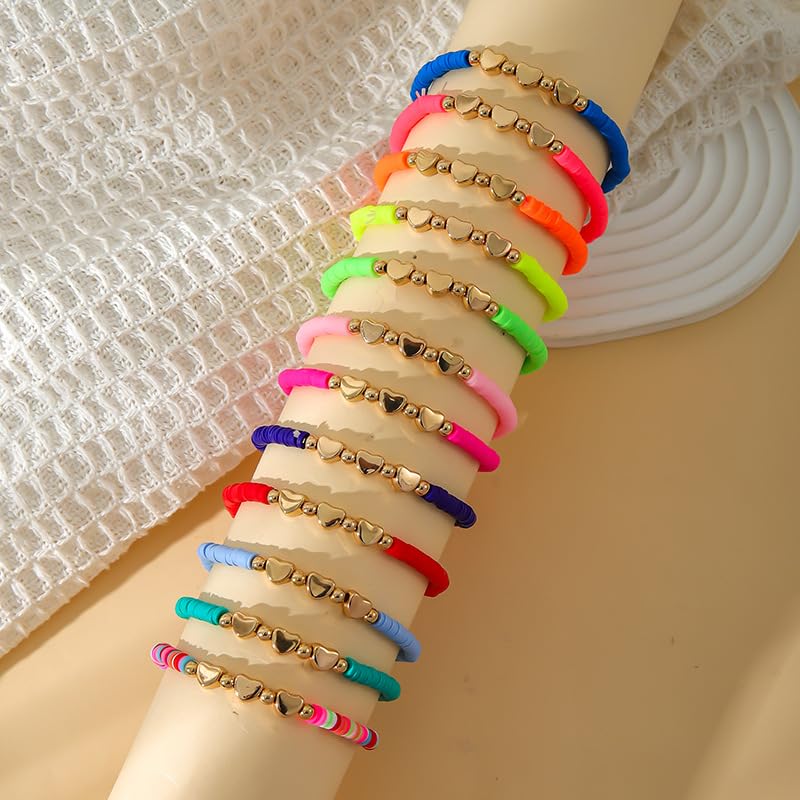 COLORFUL BLING 5-12Pcs Bohemian Love Heart Bead Bracelets for Women Vinyl Disc Heishi Surfer Stackable Stretch Bracelet Summer Beach Boho Jewelry - color: 12pcs gold heart
