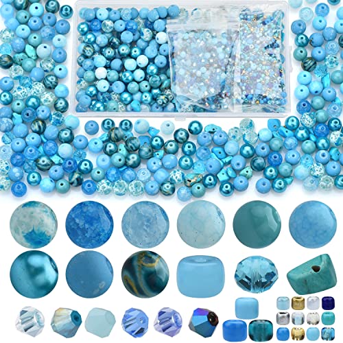 Rired 27 Assorted Craft Beads Bracelet Kit, Columbia Blue Bead Including 7 Types of Round/Glass Pony/Bicone Crystal Beads/Rondelle/Gravel and Seed Beads for Jewelry Making - color: Blue