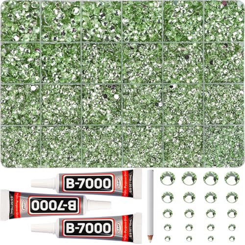 31000Pcs Light Green Rhinestones for Bedazzling, Flatback 2-6mm Mixed Sizes Resin Crystals, Bedazzled Flat Back Gems Jewels Diamonds Gemstones Rhine Stones for Crafting Clothes Crafts DIY - color: Light green 2-6mm, size: Large Pack + 3Pcs Glue