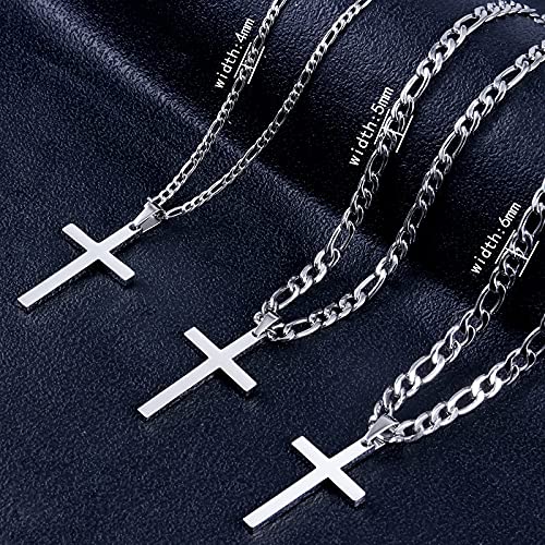 CaptainSteeL Cross Necklace for Men - Stainless Steel Silver/Gold Plain Cross Pendant Necklace Simple Jewelry Gifts, 20/22/24/26 Inches 3:1 Figaro Link Chain 4/5/6mm Width - size: 24inch, style: 5mmSilver