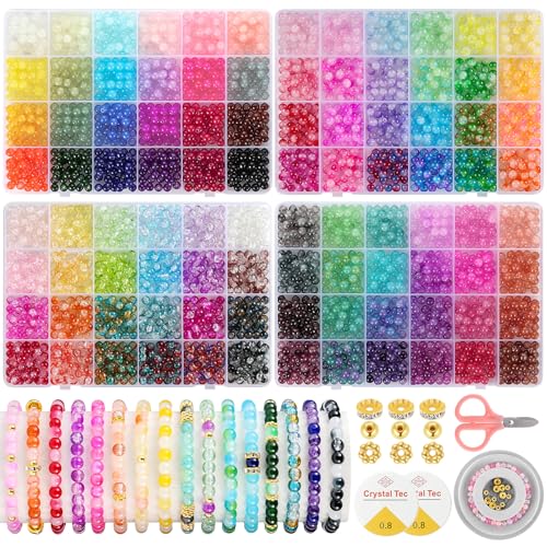 Funtopia 3524pcs Glass Beads Bracelet Making Kit, 4 Types 96 Colors 6mm Glass Beads for Bracelets, Round Crystal Beads for Jewelry Making Necklace Earrings DIY Crafts - size: 6mm
