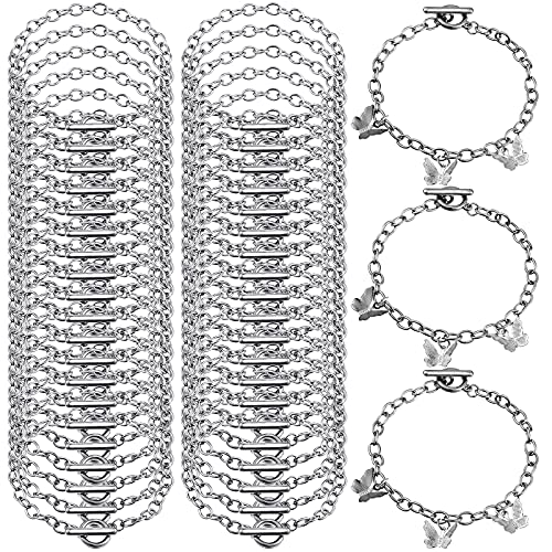 Hicarer 45 Pieces Bracelet Chains with OT Toggle Clasp Stainless Steel Bracelet Link Chains DIY Jewelry Making Supplies for Women Jewelry Crafts(Silver) - color: Silver