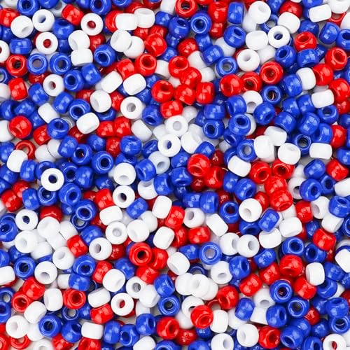 1000+ Pony Beads 9mm Patriotic Acrylic Red White Blue Beads for 4th of July Crafts Bracelets Hair Braids DIY Projects, Independence Day Memorial Decorations - color: Patriotic Day
