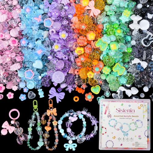 Sistenia 480Pcs Assorted Beads Bracelet Making Kit with String, 6 Colors Cute Stuff Acrylic Charms for Jewelry Making Crafts Kawaii Bow Star Flower Shaped Bead for DIY Keychain Bag Lipgloss Charms