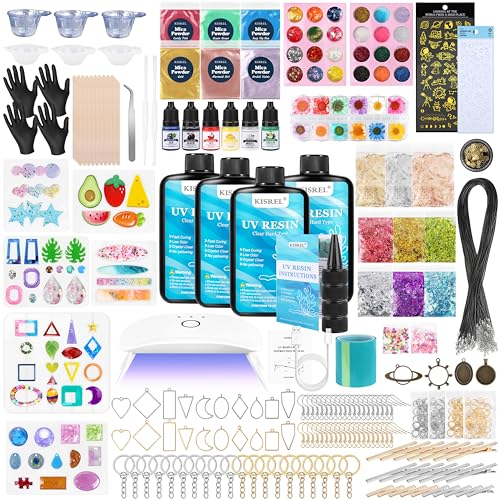 KISREL UV Resin Jewelry Making Kit, 400g Crystal Clear Resins with Light and Molds, DIY Jewelry Making Resin Kits, Resina Starter Kit for Keychain, Hair Clip and Earring - size: 400g