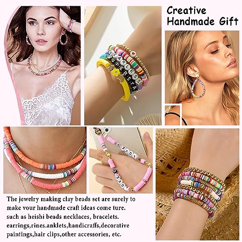 JMUQ 14 Strands Yellow Clay Beads Bracelet Making Kit, 5500 Flat Polymer Clay Heishi Beads for Friendship Bracelets Jewelry Making Kit with Letter Pearl Gold Spacer Beads for Women - color: yellow