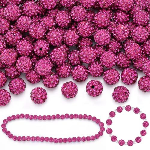 100 Pcs Fuchsia Rhinestone Beads for Jewelry Making, Sparkle Crystal Clay Christmas for Bracelet Baseball Necklace Earring Crafting and DIY, Shiny Round Shamballa Disco Ball Beads Bulk - color: Fuchsia, size: 100 pcs