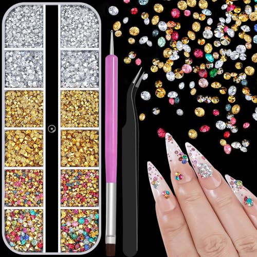 4200 Pcs Nail Art Rhinestones Kit,2-3mm Shiny Gold/Silver/Mixed Colors Rhinestones,3D Pointed Bottom Nail Gems with Tweezers and Dual-end Brush for Manicure DIY Crafts Face Makeup(26-K1-pointed-GS) - color: 26-K1-pointed-GS