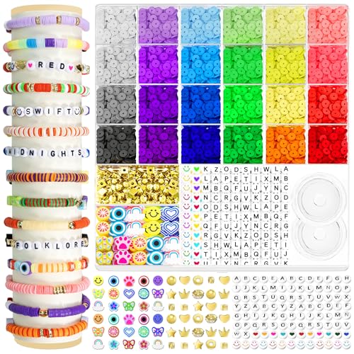 ARTDOT 5342 PCS Clay Beads for Friendship Bracelets Making Kit, 24 Rainbow Colors Jewelry Making Supplies Heishi Beads with Elastic String and Organizer Gifts - color: 5342 PCS
