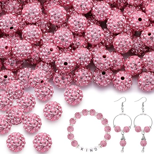150pcs 10mm Rhinestone Beads for Jewelry Making, Dark Pink Shiny Round Shamballa Disco Ball Beads Bulk, Sparkle Crystal Clay Christmas for Bracelet Baseball Necklace Earring Crafting and DIY - color: Dark Pink, size: 10mm/150pcs