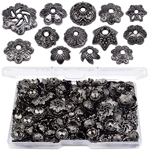120 Gram Mixed Styles Flower Bead Caps Vintage Alloy Filigree Cone End Caps Loose Spacer Bead for DIY Earrings Bracelet Jewelry Making, Gun Black - color: Gun Black