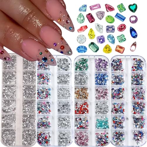 ONPRESS 4Boxes/48Gird 4000Pcs Colorful Rhinestones Nail Art Charms 3D Flatback Rhinestones for Nails Art Design Heart Star Flower Nail Diamonds Kawaii Nail Crafts Acrylic Diamonds for Women Manicure - color: Multi-colored
