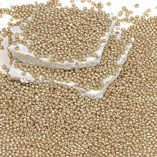 8/0 Glass Seed Beads Bulk, Gold 3mm Tiny Round Craft Seed Bead, Small Mini Pony Beads for Jewelry Making Bracelet Necklace Wrist Beading Weaving Supplies, 2500pcs - color: Gold