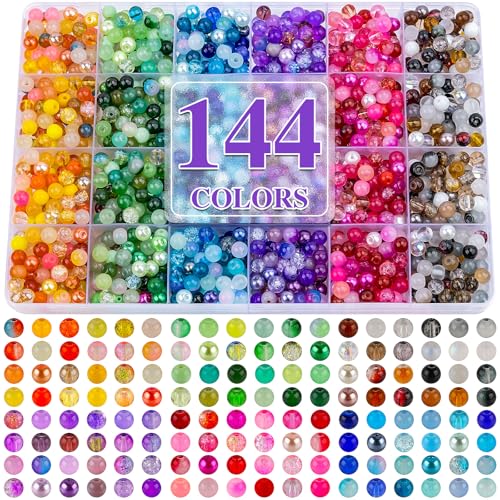 XSEINO About 1200PCS 6mm Glass Beads Bracelet Making Set, 144 Color Colorful Round Style Glass Beads for Bracelet and Jewelry Making and DIY Crafts,Friendship Bracelets - color: Multicolor 1Box