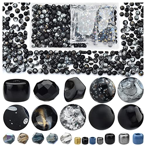 Glass Beads for Jewelry Making Adults, Black Bracelet Beads Set, 900pcs Including 8mm Assorted Round Beads, 4mm Bicone Crystal Beads, 2-4mm Spacer Seed Beads for Phone Charm, Earring, Necklace - color: Black