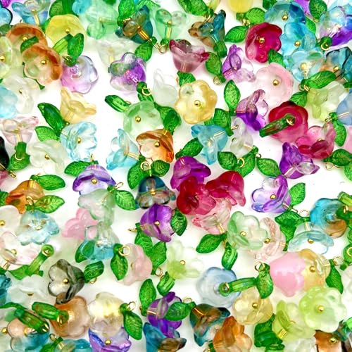 50pcs Glass Pendant Charms - Multicolor Theme Drops for Necklace Craft, Jewelry Making Supplies (Various Styles) - style: Lily Flower 2#