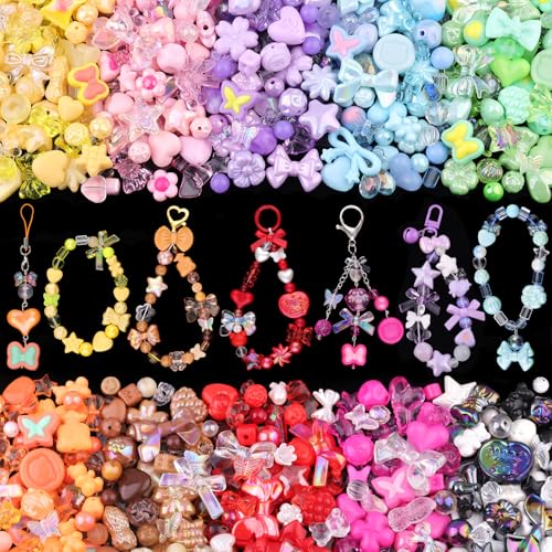 700-750PCS TINKRSTUFF Assorted 10 Colors Mixed Acrylic Beads for Bracelet Making, Cute Beads for Jewelry Making Flower Bow Butterfly GummyBear Bracelet Charms,DIY Necklace Keychain Phone Charm - color: 10 COLOR SERIES-PINK+PURPLE+GREEN+BLUE+YELLOW+RED+ROS