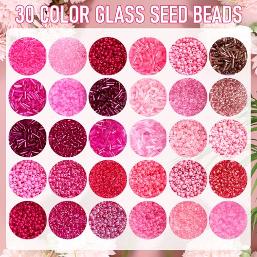Jexine 2 Sets 30 Colors Glass Seed and Bugle Beads Kit Small Loose Craft Beads for Jewelry Making DIY Crafts Bracelets and Necklaces(Pink, Rose Red) - color: Pink, Rose Red