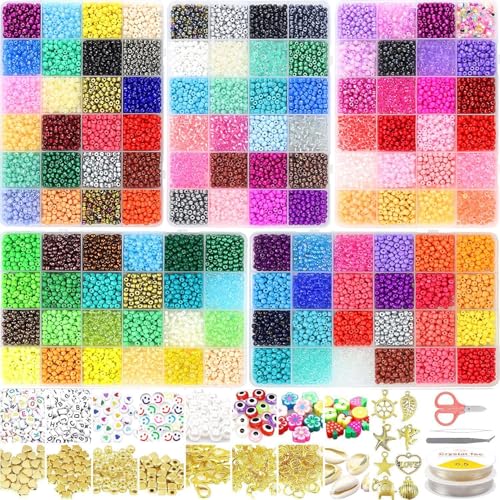 14400pcs Glass Seed Beads for Jewelry Making Kit, 120 Colors 4mm Small Beads Kit Bracelet Beads with Letter Evil Eye Beads Jump Rings & Charms Pendants for Bracelets Making, DIY, Adult Craft Supplies - size: 4mm
