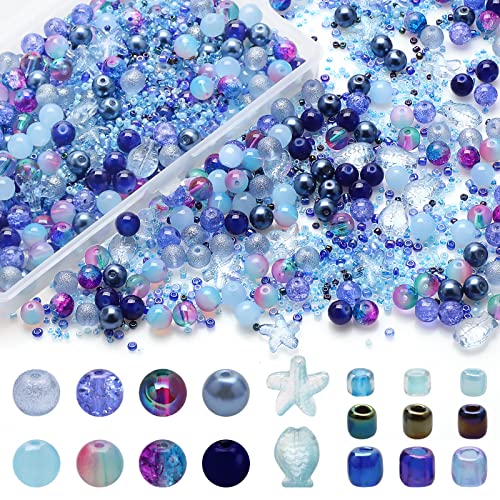 Rired 27 760pcs Assorted Crystal Bracelet Beads for Jewelry Making, 8 Types Glamour Blue Round Glass Beads with Star, Fish and Seed Beads for DIY Making - color: GlamourBlue