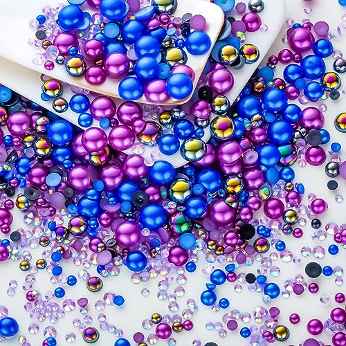 60g Dark Blue Flat Back Pearls Rhinestones for Crafts Mixed Size 3mm-10mm AB Color Round Half Pearls Flatback Pearl Beads and Resin Rhinestones Set for Face Art with Glue - color: Dark-Blue Series, size: 60g