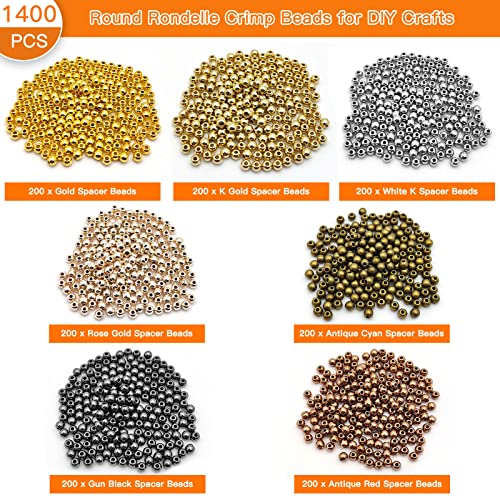 1400pcs Round Rondelle Crimp Beads for DIY Crafts,7 Colors Disc Spacer Loose Beads Spacer Beads for DIY Jewelry Making,Bracelet Necklace Earring Bracelet Crafts Supplies - color: 1400pcs;Gold,K gold,White k,Rose gold,Antique cyan,Gun black, Antique red