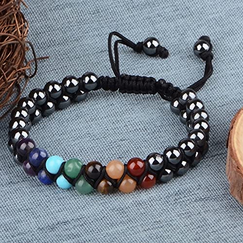 MASSIVE BEADS Double Layer Natural Chakra Healing Power Crystals Macrame Bracelet Yoga Stone Beads Gemstone Meditation Relax Anxiety Bangle for Unisex Women Men - color: 7-Chakras&Hematite, size: 6mm