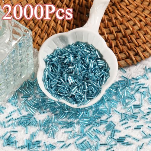 2000Pcs Tube Seed Beads 2x7mm Mini Long Glass Bugle Bead Small Craft Loose Spacer Beads for DIY Phone Charms Waist Bead Bracelets Earrings Necklaces (Sky Blue) - color: Sky Blue