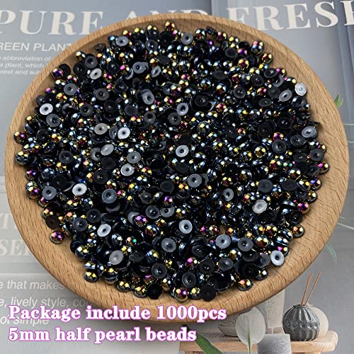 1000pcs 5mm Half Pearl Beads Flatback Pearl Beads Half Round Plastic Pearls for Crafts Scrapbooking Embellishment Nail Art(Black AB) - color: Black AB, size: 5mm