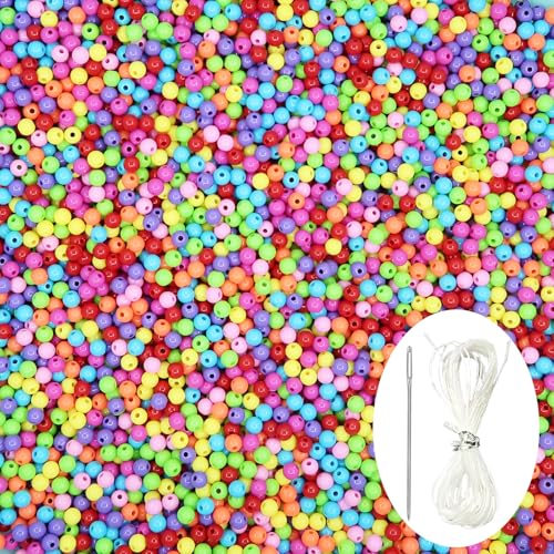 1000Pcs Mixed Color Acrylic Round Beads, Smooth Plastic Spacer Beads Set with Beading Needle and 13Ft Elastic String Cord for Jewelry Making Bracelets Necklace Earring DIY Crafting Supplies - 6mm - color: Mixed, size: 6mm