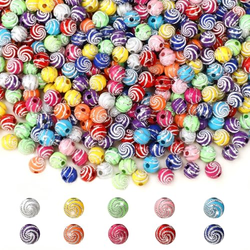1000PCS 8mm Acrylic Beads for Bracelets,Colorful Round Sparkle Spiral Bead Bulk for DIY Jewelry Keychains Friendship Bracelet Charms Crafts Supplies (Multicolor, Threaded 1000PCS)