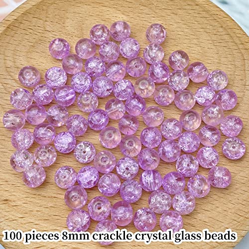100pcs Crackle Glass Beads 8mm Round Crystal Glass Spacer Crafts Beads for Jewelry Making Necklace Bracelet Earrings DIY Crafts (Purple) - color: Purple, size: 8mm