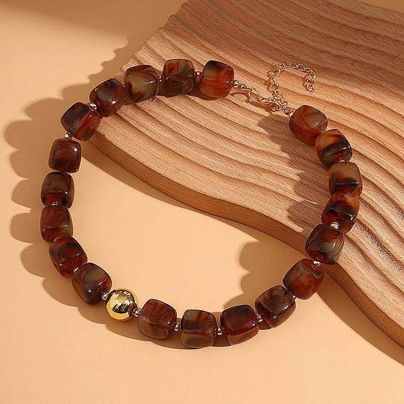 Colorful Beaded Choker Necklace for Women Boho Large Square Acrylic Beaded Necklace Adjustable Surfer Beach Strand Necklces Summer Jewelry Accessories - color: Dark brown