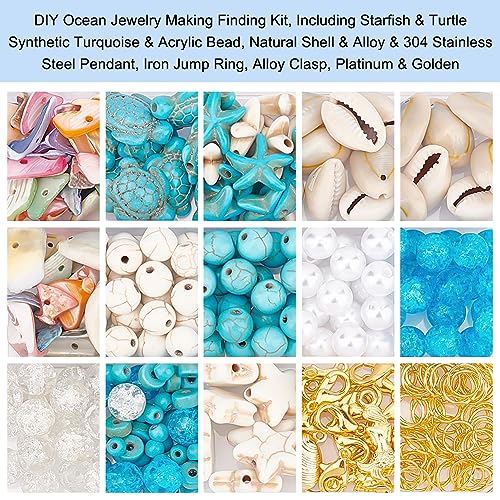 PandaHall 357pcs Starfish Shell Beads Ocean Jewelry Making Kit - 20g Synthetic Turquoise Seashells, Turtle & Mermaid Charms, Cowrie Shell Beads for Summer Beach Necklace, Bracelet & Anklet - color: Blue White Gold