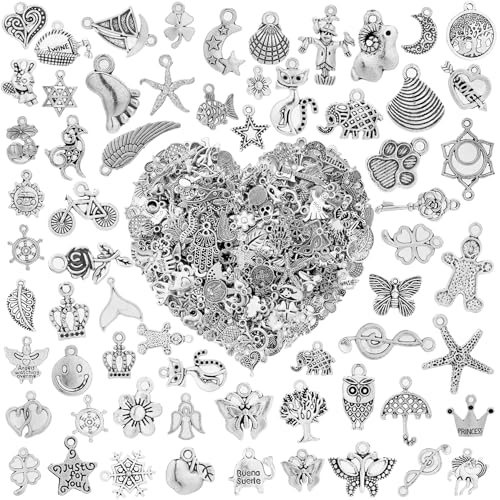 Crweety 460 Pcs Silver Charms for Jewelry Making, Assorted Mixed Tibetan Silver Metal Pendants Earring Charms for Bracelets Necklace Keychain DIY Crafting - color: Tibetan Silver