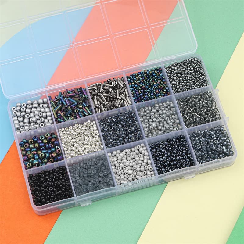 Mix 15 Color Glass Seed Tube Beads Glass Bugle Beads Loose Kit for Jewelry Making DIY Craft Beading (Mix 15 Color, Black) - color: Black
