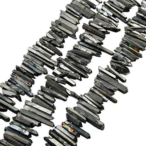 rockcloud Natural Rock Crystal Points Titanium Coated Clear Quartz Sticks Spikes Top Drilled 15 inch Strand,Deep Grey - color: #23-Deep Grey(Small)