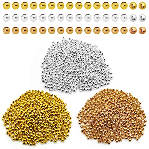 1500PCs Metal Spacer Beads for Jewelry Making - 4mm Metallic Plated Round Smooth Loose Ball Crimp Stopper Beads, 1.5mm Hole (Gold, Silver, K Gold) - color: 4mm, Gold Silver K Gold