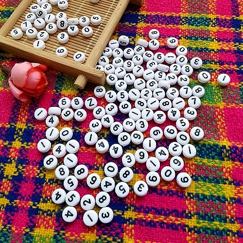 Amaney 500pcs White Acrylic Number Beads 7x4mm Mixed Number Beads Acrylic Plastic Round Shape Loose Beads - color: White, size: 7x4mm