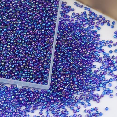 Size 3 mm 8/0 Glass Seed Beads, 5100 Pcs Small Mini Spacer Loose Pony Beads for Jewelry Making and DIY Crafts (AB Blue Purple) - color: AB Blue Purple, size: Medium