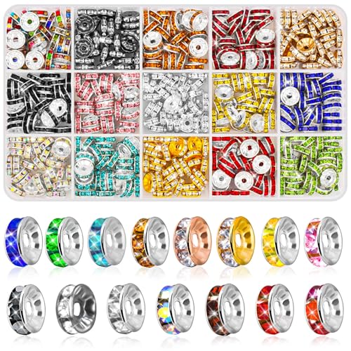 shynek 450 Pieces Rondelle Spacer Beads for Jewelry Making, 10mm Rhinestone Spacer Beads Crystal Bead Spacers for Bracelets, Focal Beads for Pen, 15 Colors - size: 10mm
