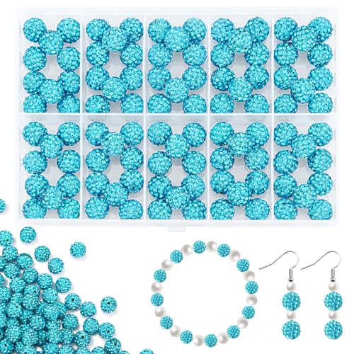 100Pcs 10mm Aquamarine Rhinestone Beads for Jewelry Making, Shiny Round Disco Ball Sparkly Beads Bulk with 10-Grid Storage Box for DIY Baseball Necklaces Shamballa Bracelets - color: Lake Blue