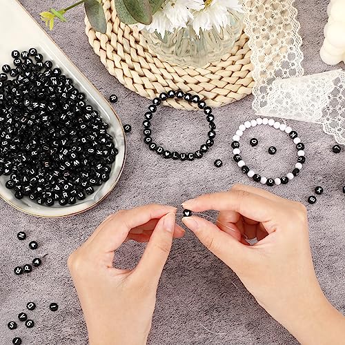 Letter Beads, DECYOOL Acrylic Alphabet Beads with 1 Roll Elastic String for Bracelet Necklace Jewelry Making Supplies (Black White) - color: Black White