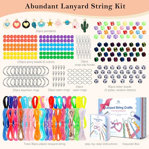 PP OPOUNT Gimp String Craft Kit, 318 PCS Lanyard String Kit with Beads, Pendants & Keychain Accessories, DIY Bracelet Making Kit for Friends, Christmas Gift & Holiday Craft Set - size: 354 Feet